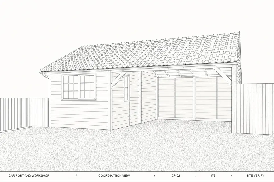 Project drawing for the car port & workshop (illustration, not a photograph)