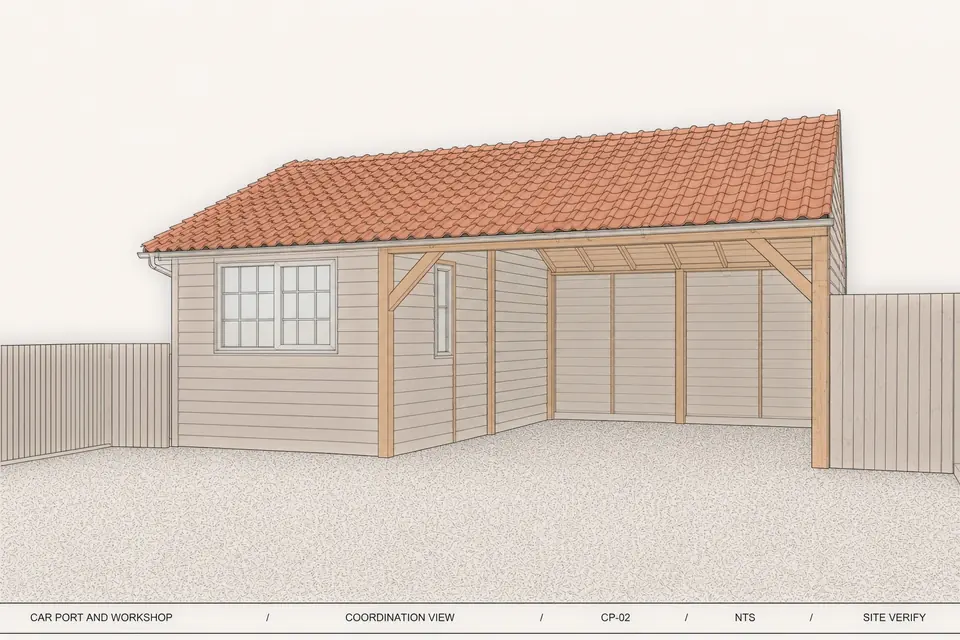 Computer-generated design preview of the car port & workshop (illustration, not a photograph)
