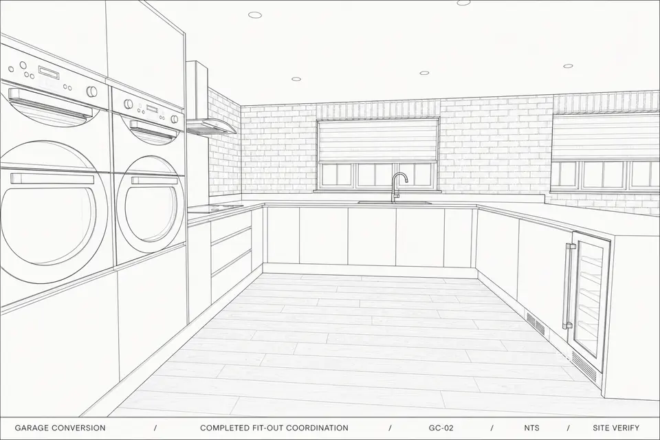 Project drawing for the garage to open-plan kitchen (illustration, not a photograph)