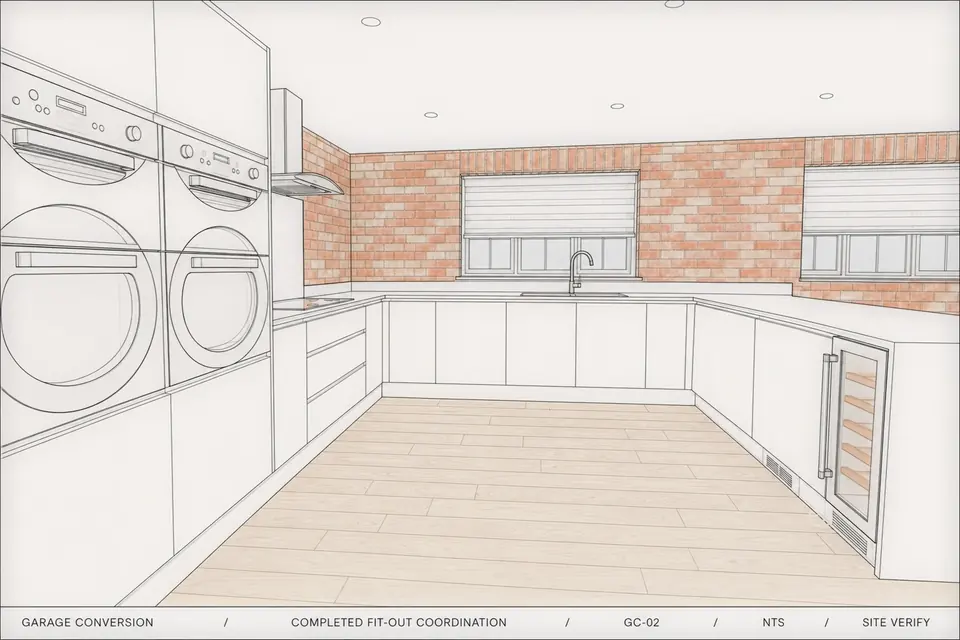 Computer-generated design preview of the garage to open-plan kitchen (illustration, not a photograph)