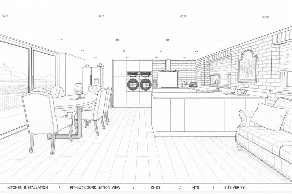 Project drawing for the kitchen installation (illustration, not a photograph)