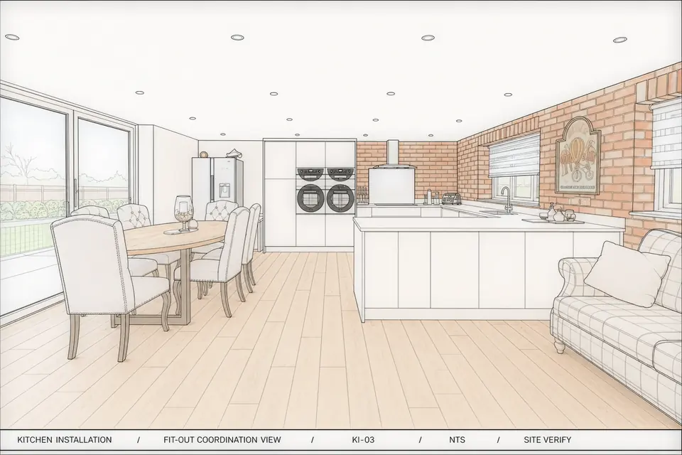 Computer-generated design preview of the kitchen installation (illustration, not a photograph)