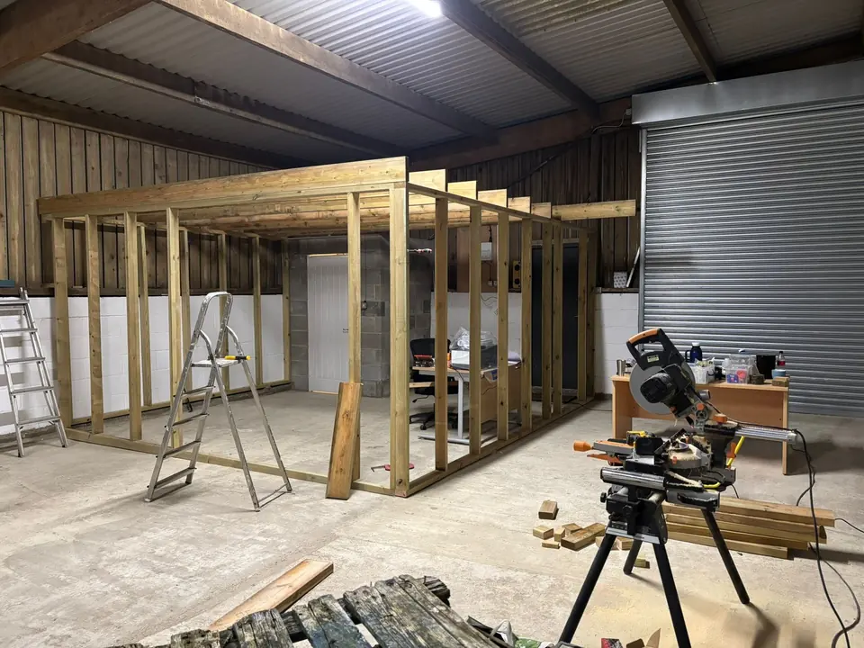 Timber stud frame for the office pod inside the workshop