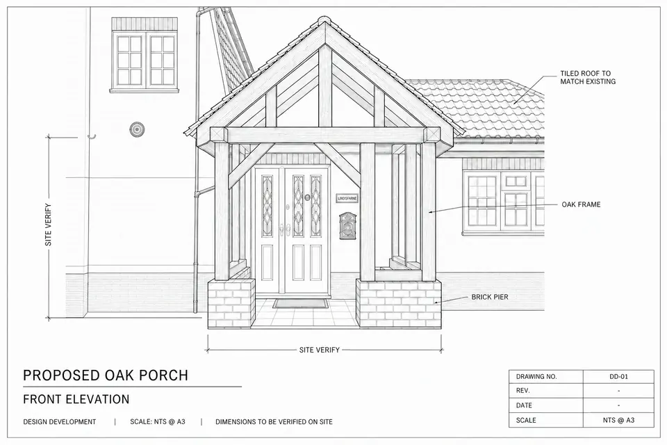 Project drawing of an oak-framed porch (illustration)