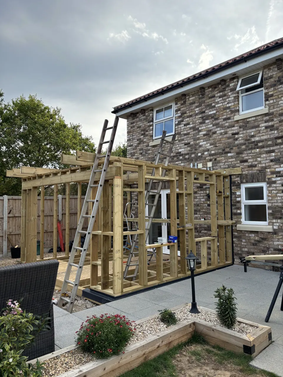 Side view of the timber extension with roof rafters in place