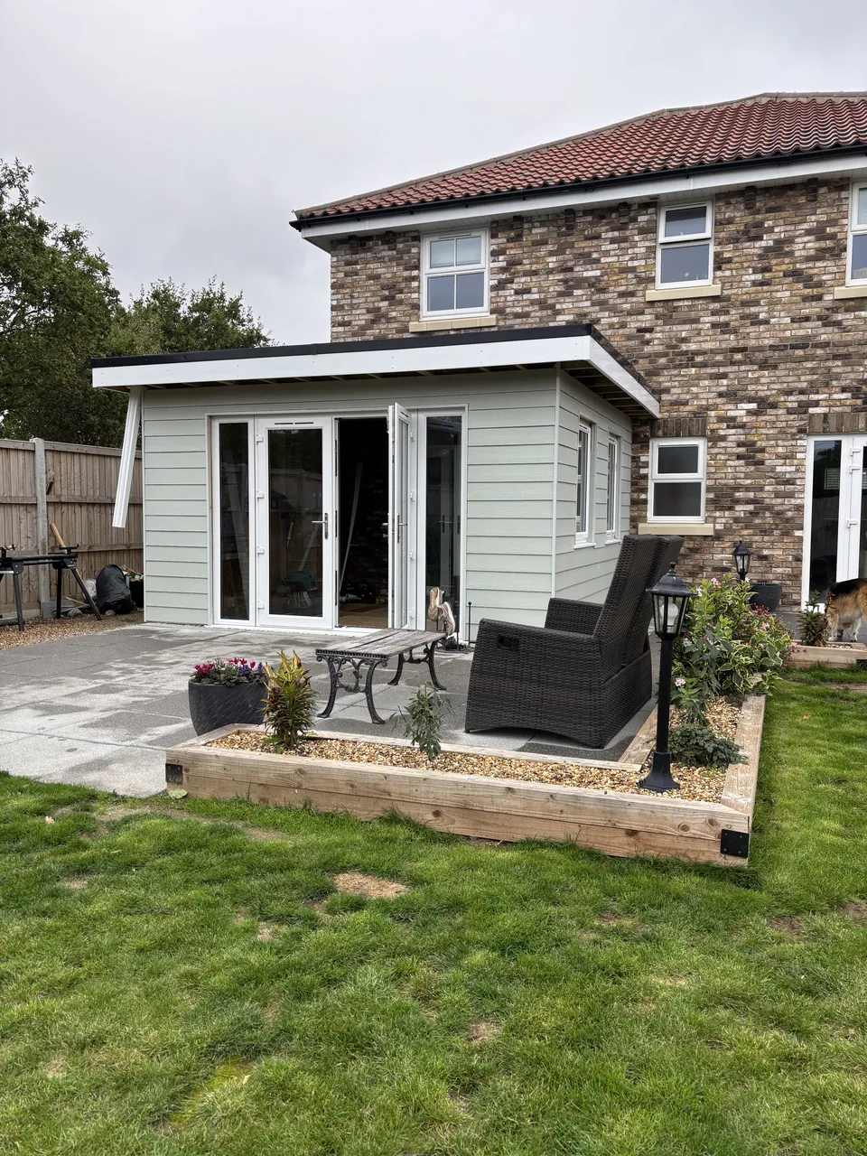The extension on 12 October: outside up and clad, with guttering and eaves soffits still to fit