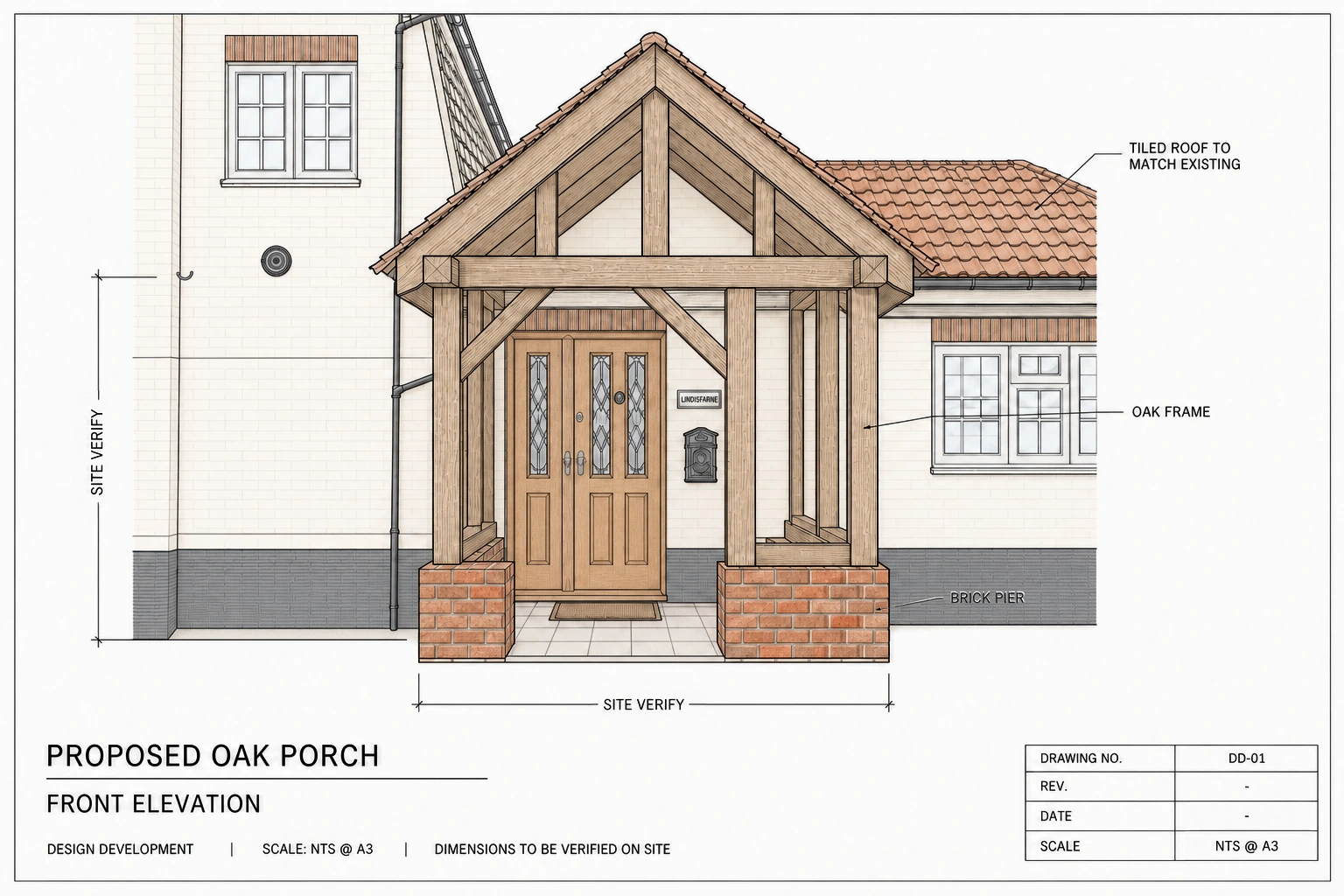 Design preview showing proposed materials and finishes for the oak-framed entrance