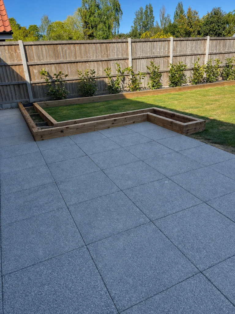 Finished grey paved patio with timber-edged borders and evergreen planting beside the lawn