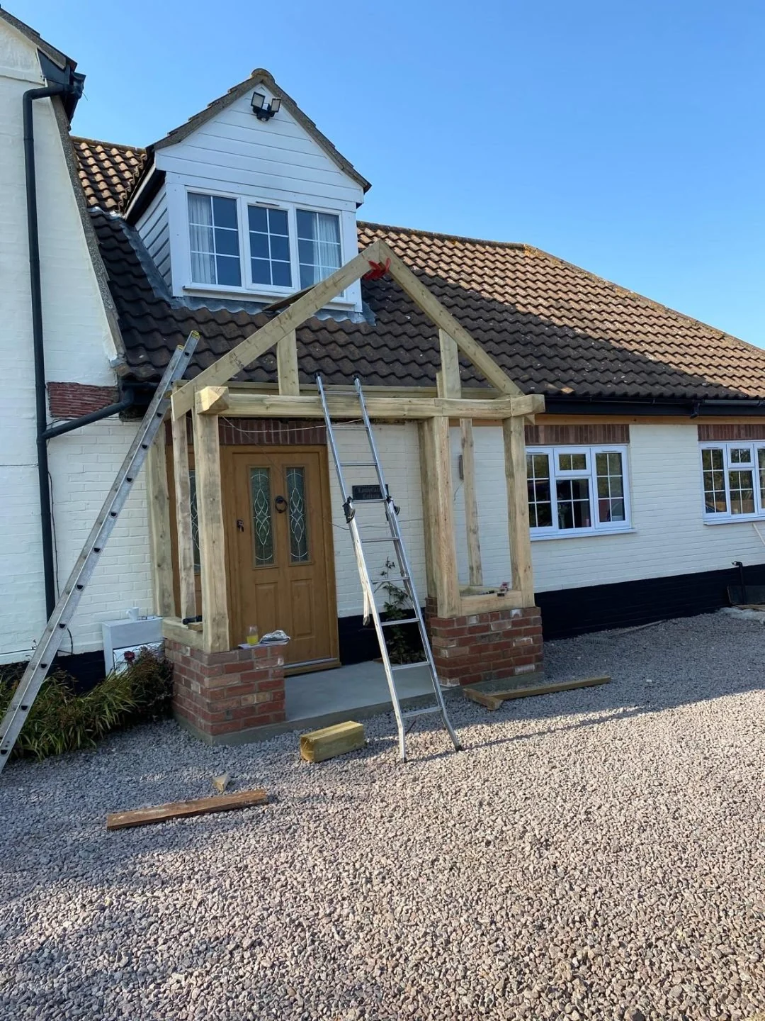 Oak porch frame taking shape during one of our projects